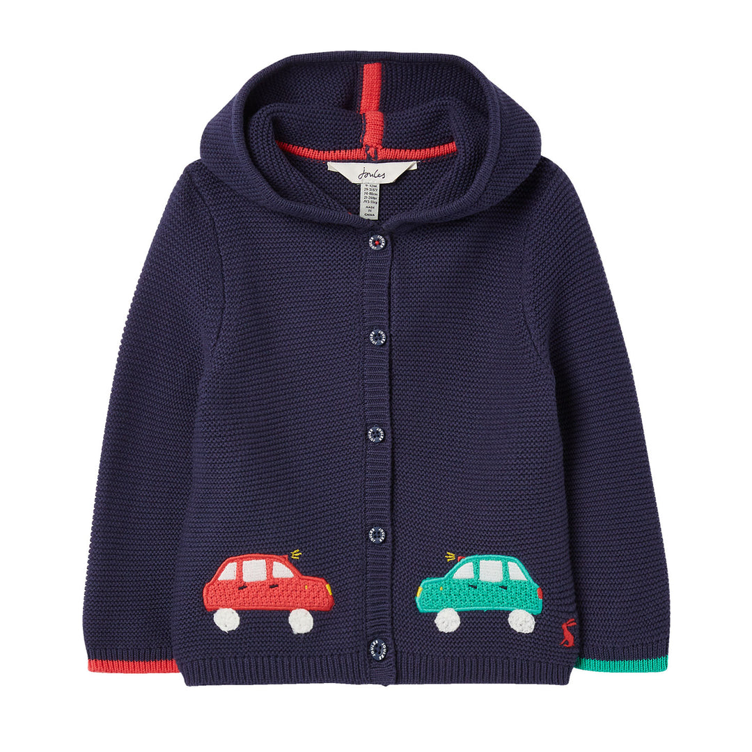 The Joules Baby Charmford Embroidered Cars Hooded Cardigan in Blue Print#Blue Print