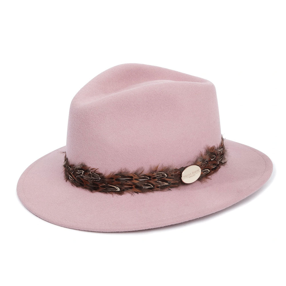 The Hicks & Brown Suffolk Fedora with Pheasant Wrap Feathers in Pink#Pink
