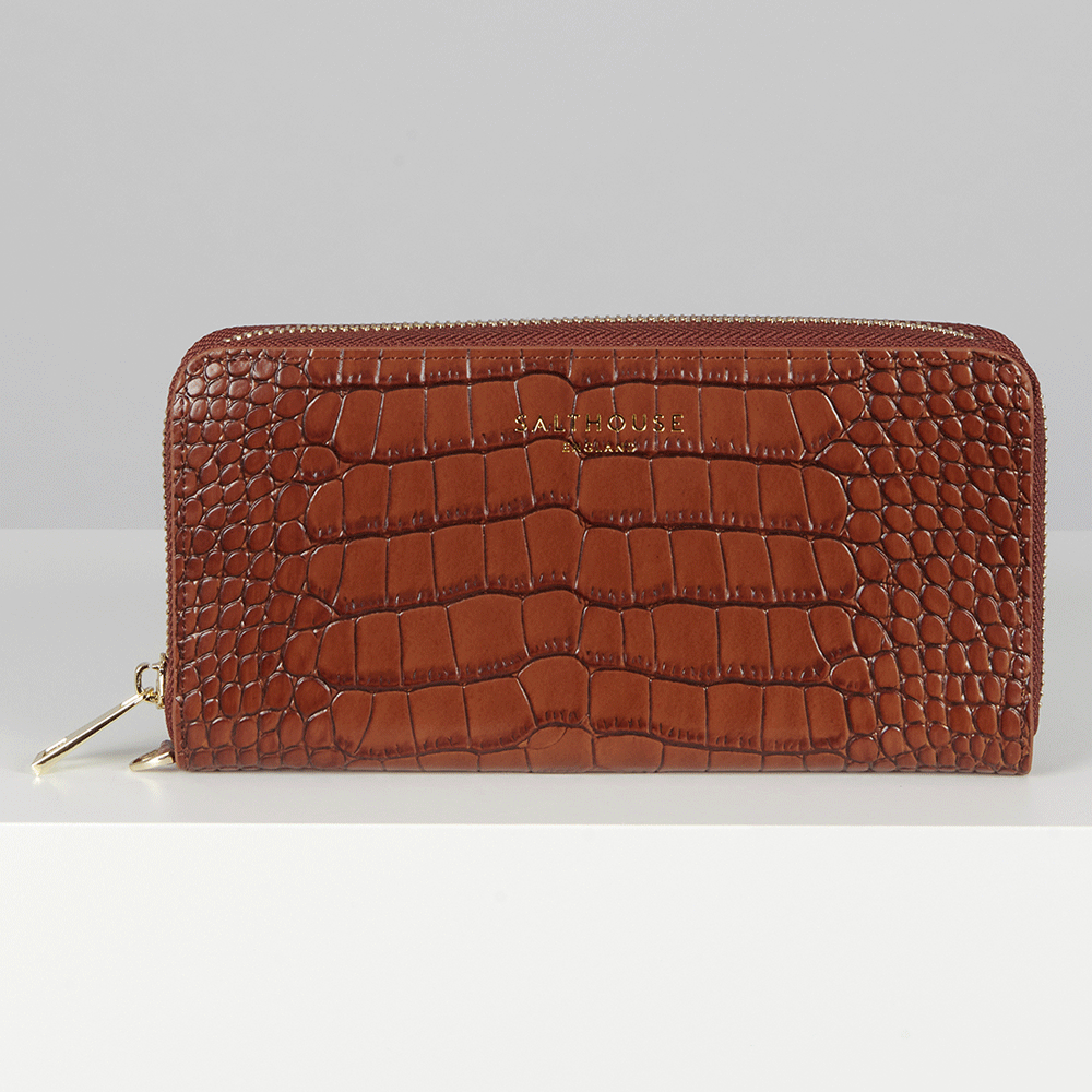 The Salthouse Valentina Croc Zip Around Wallet in Brown#Brown