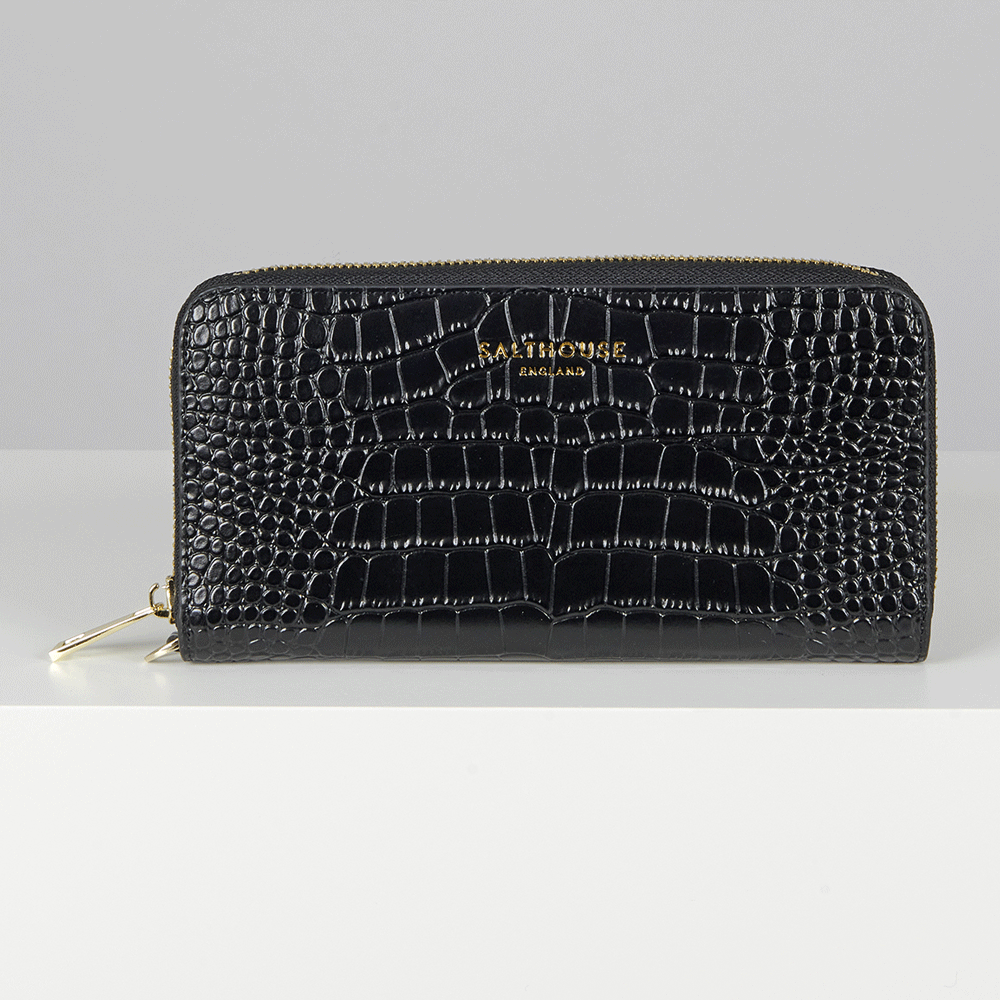The Salthouse Valentina Croc Zip Around Wallet in Black#Black