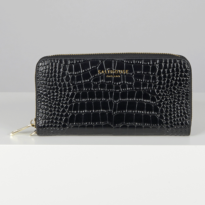 The Salthouse Valentina Croc Zip Around Wallet in Black#Black