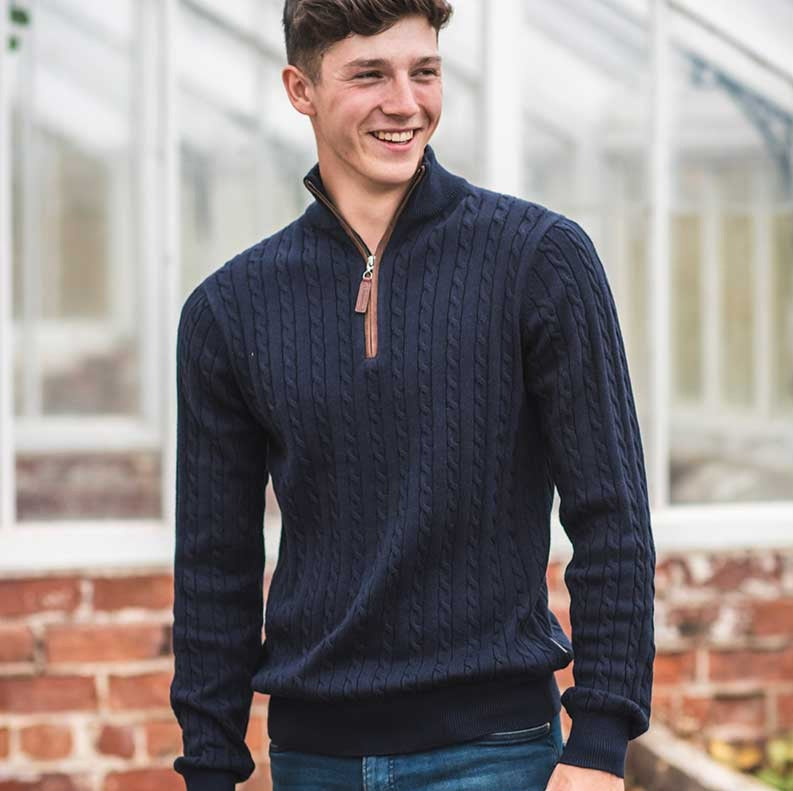 The Schoffel Mens Cotton/Cashmere Cable Knit 1/4 Zip Jumper in Navy#Navy