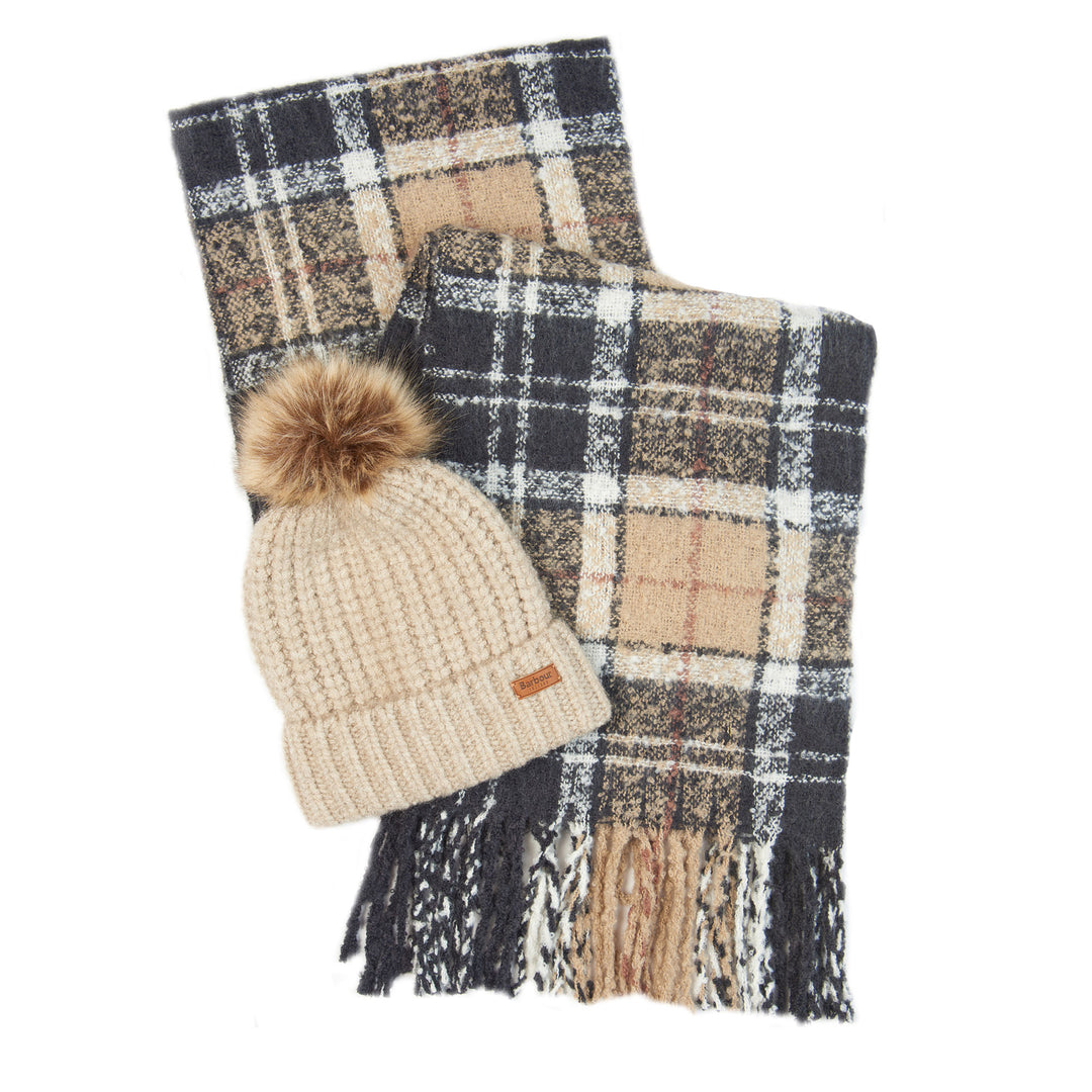 The Barbour Ladies Saltburn Beanie & Scarf Set in Red Print#Red Print