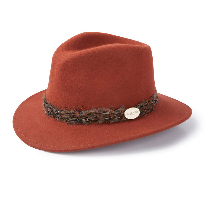 The Hicks & Brown Suffolk Fedora with Pheasant Wrap Feathers in Cinnamon#Cinnamon