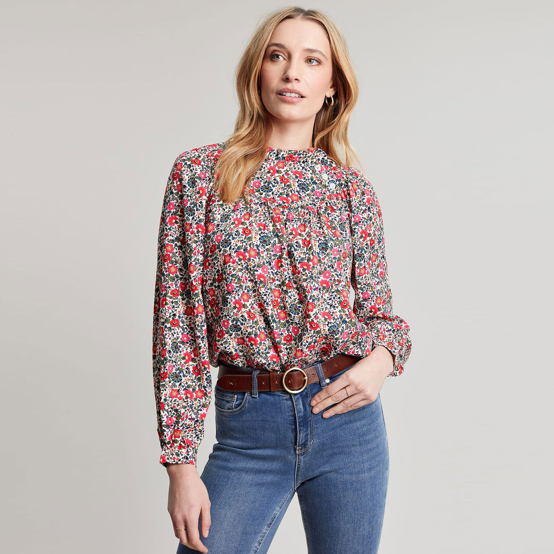 The Joules Ladies Arietta Pop Over Voile Blouse in Red Floral#Red Floral