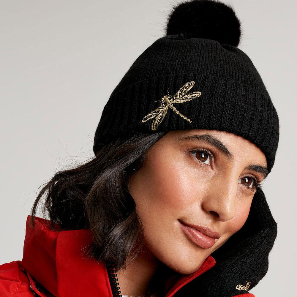 The Joules Ladies Stafford Knitted Hat With Embellishment in Black#Black