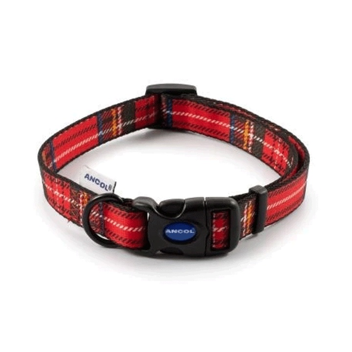The Ancol Tartan Adjustable Dog Collar in Red#Red