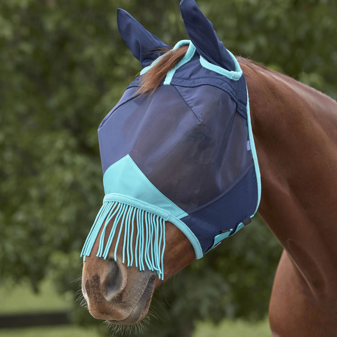 The Weatherbeeta Comfitec Deluxe Fine Mesh Mask With Ears & Tassels in Navy#Navy