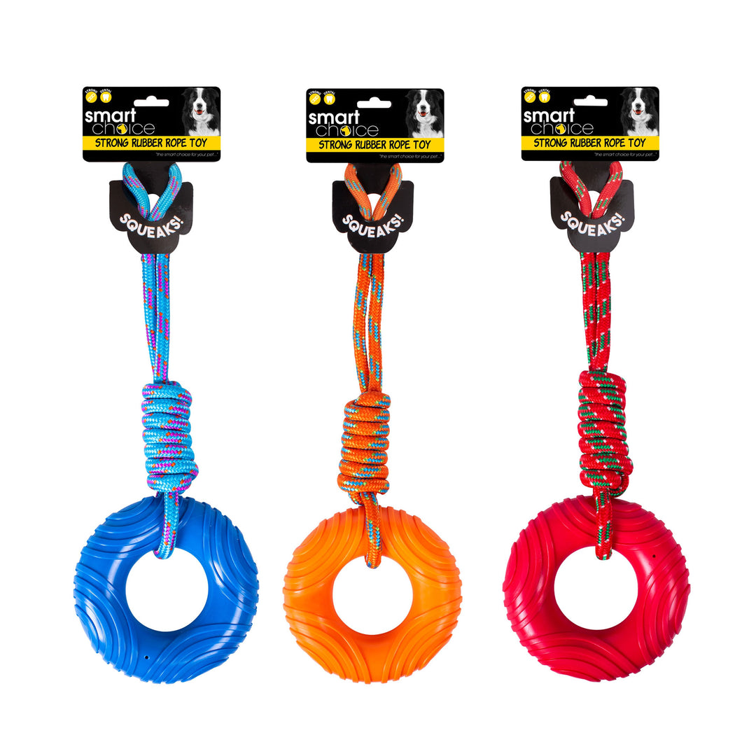 Smart Choice Rubber Ring & Rope Dog Toy With Squeaker