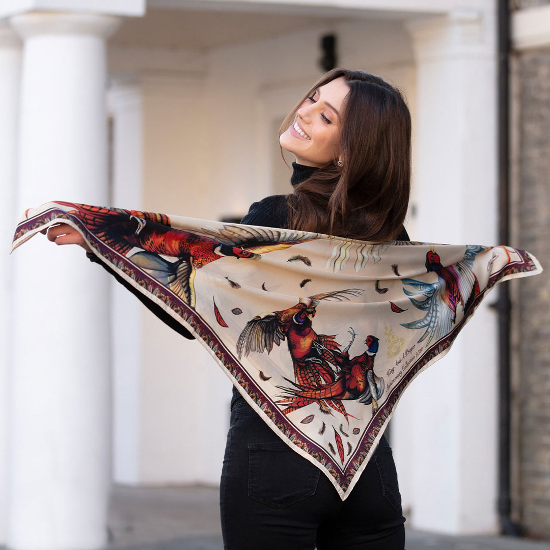 The Clare Haggas A Wing And A Prayer Large Silk Scarf Anniversary Special in Beige Print#Beige Print