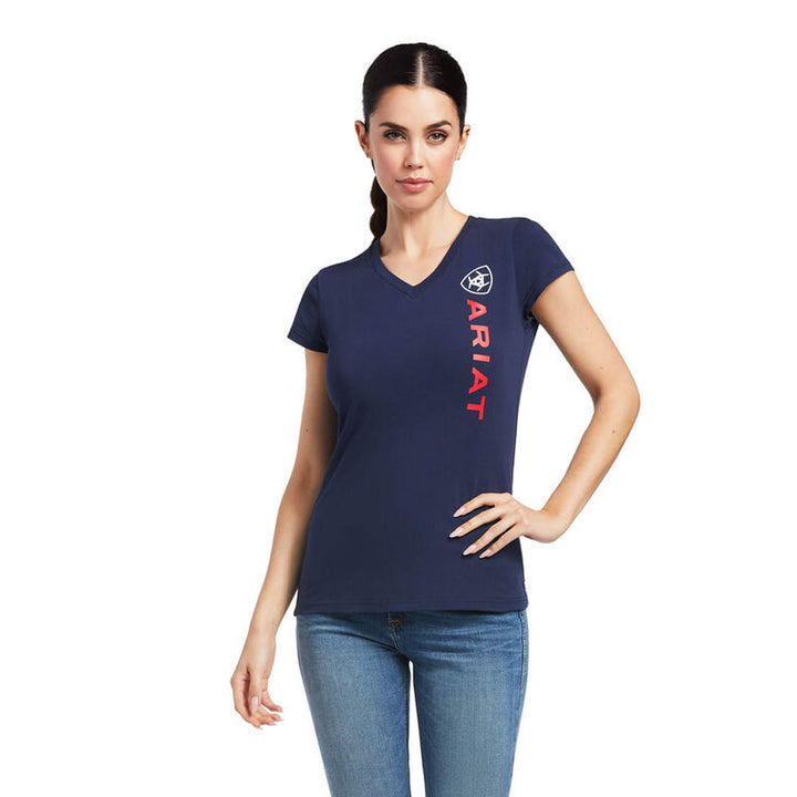 The Ariat Ladies Vertical Logo Short Sleeve T-Shirt in Navy#Navy