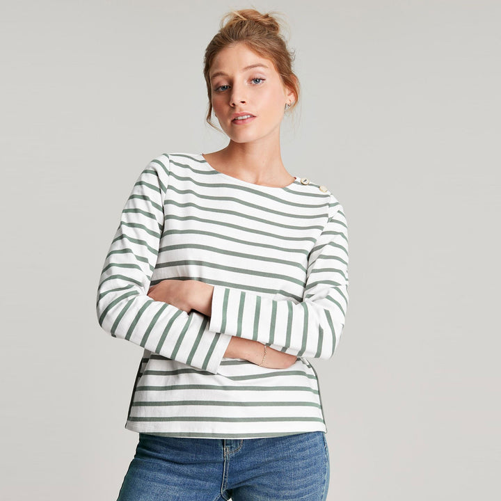 The Joules Ladies Aubree Button Shoulder Jersey Top in Green Stripe#Green Stripe