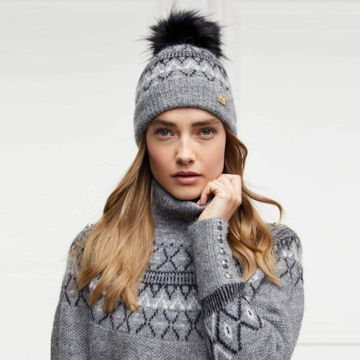 The Holland Cooper Ladies Fairisle Bobble Hat in Light Grey#Light Grey