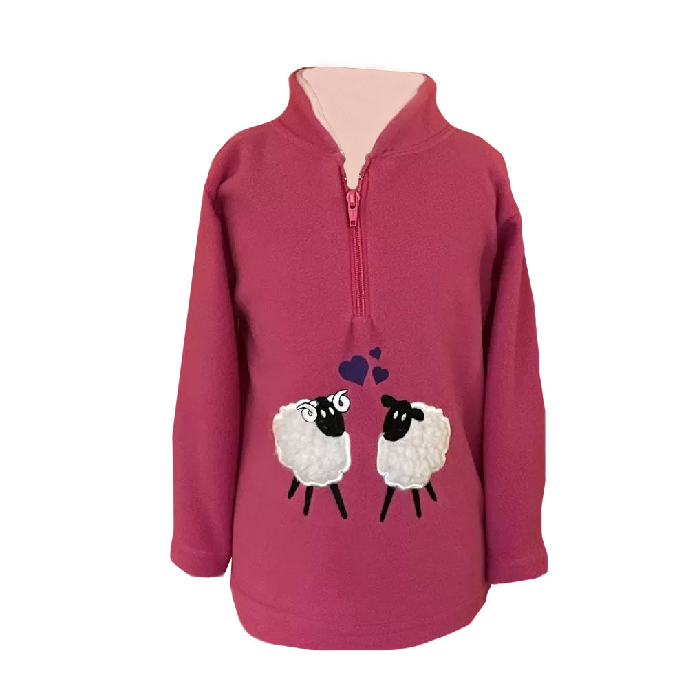 The Ramblers Childs Love Ewe Sheep Applique Zip Neck Fleece in Dark Pink#Dark Pink
