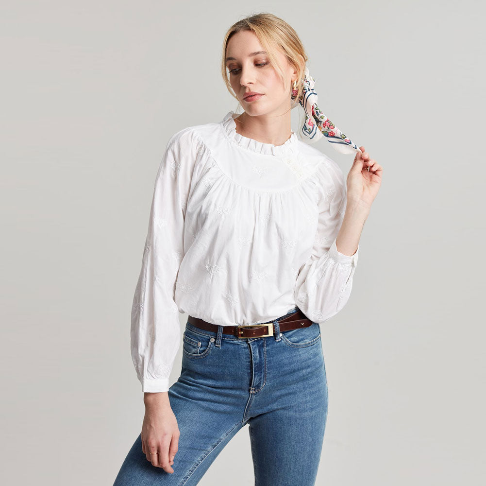 The Joules Ladies Arietta Pop Over Voile Blouse in White Print#White Print