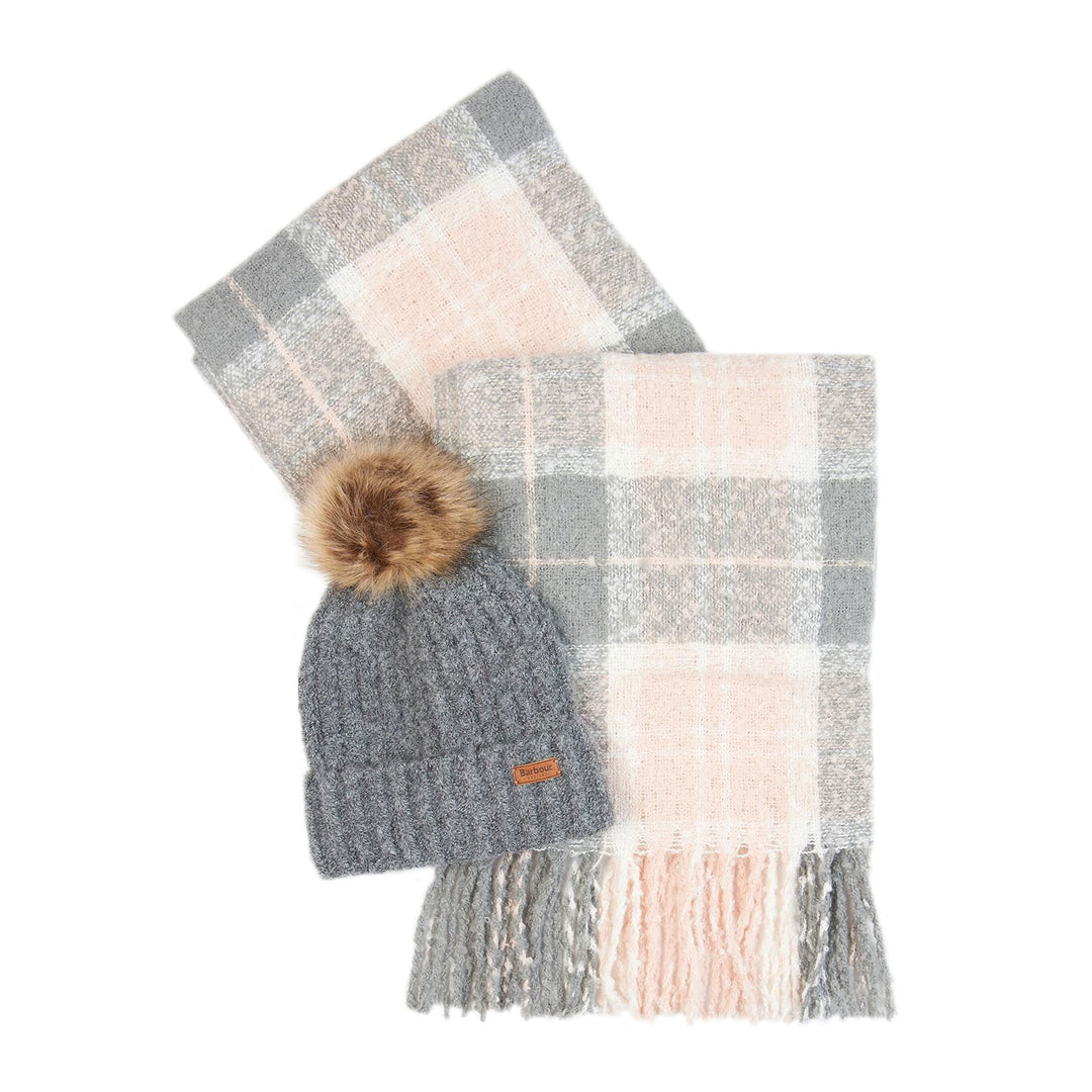 The Barbour Ladies Saltburn Beanie & Tartan Scarf Set in Grey#Grey