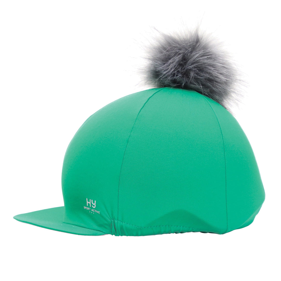 The Hy Sport Active Lycra Hat Silk with Removable Pom Pom in Emerald Green#Emerald Green