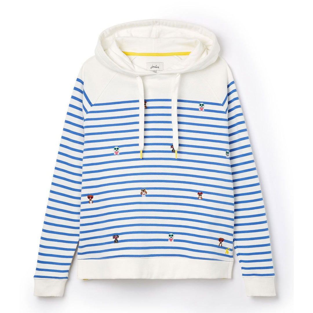 The Joules Ladies Rowley Embroidered Raglan Hooded Sweater in Blue Stripe#Blue Stripe